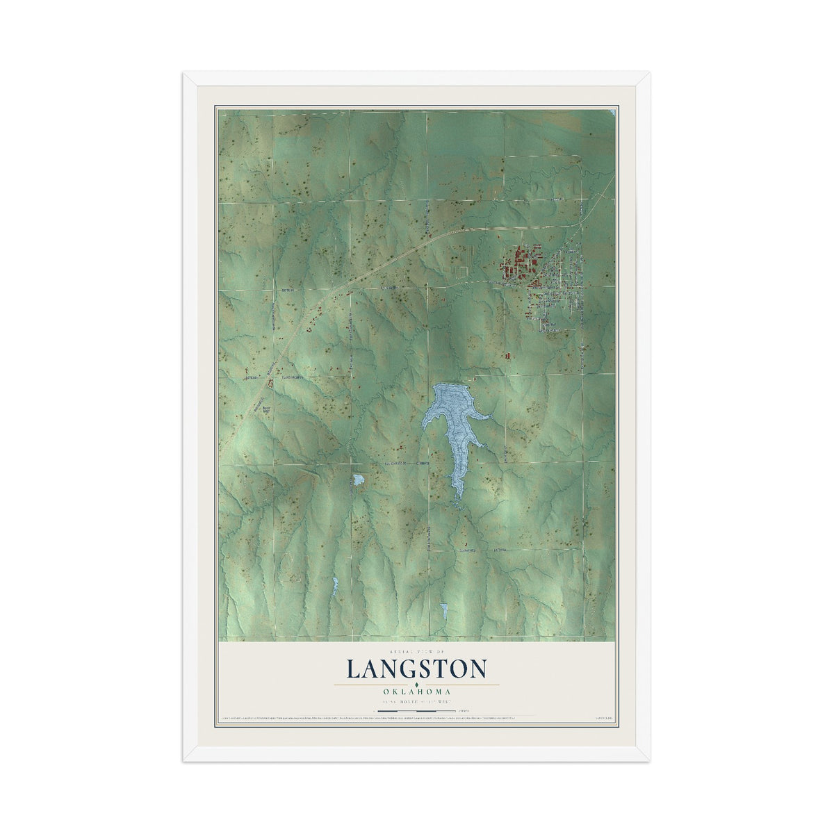 Map of Langston, Oklahoma, 12 x 18 inch print in a white wood frame