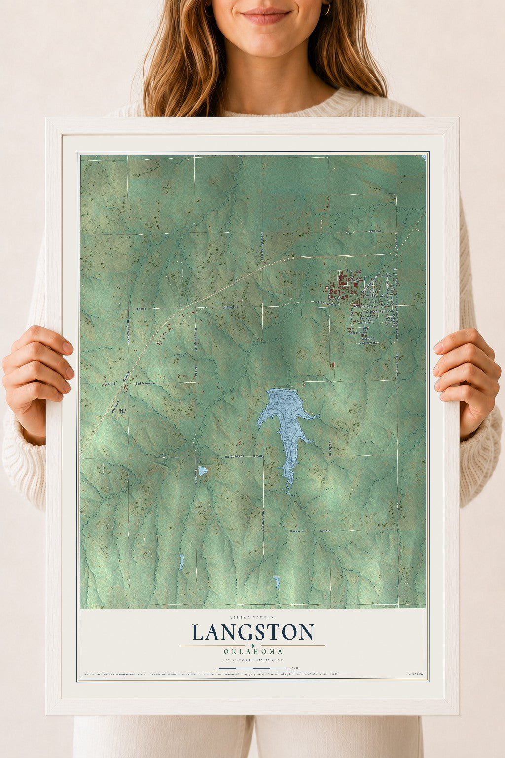 Map of Langston, Oklahoma, 18 x 24 inch print in a white wood frame