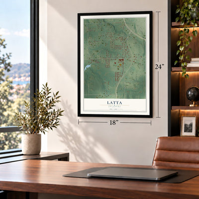 Latta, Oklahoma map, 18 x 24 inch print in a black frame in a home office