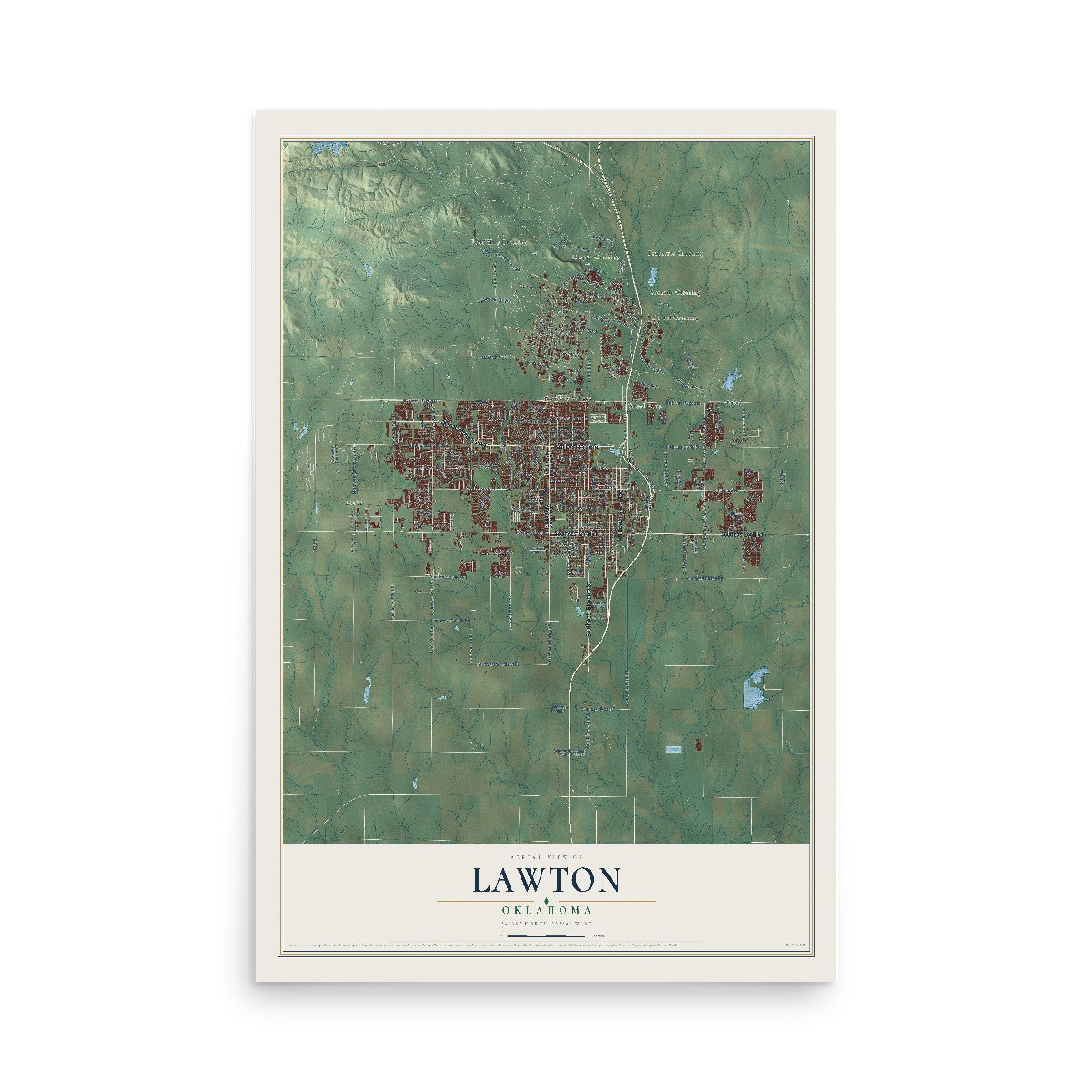 Map of Lawton, Oklahoma, 12 x 18 inch unframed archival matte print