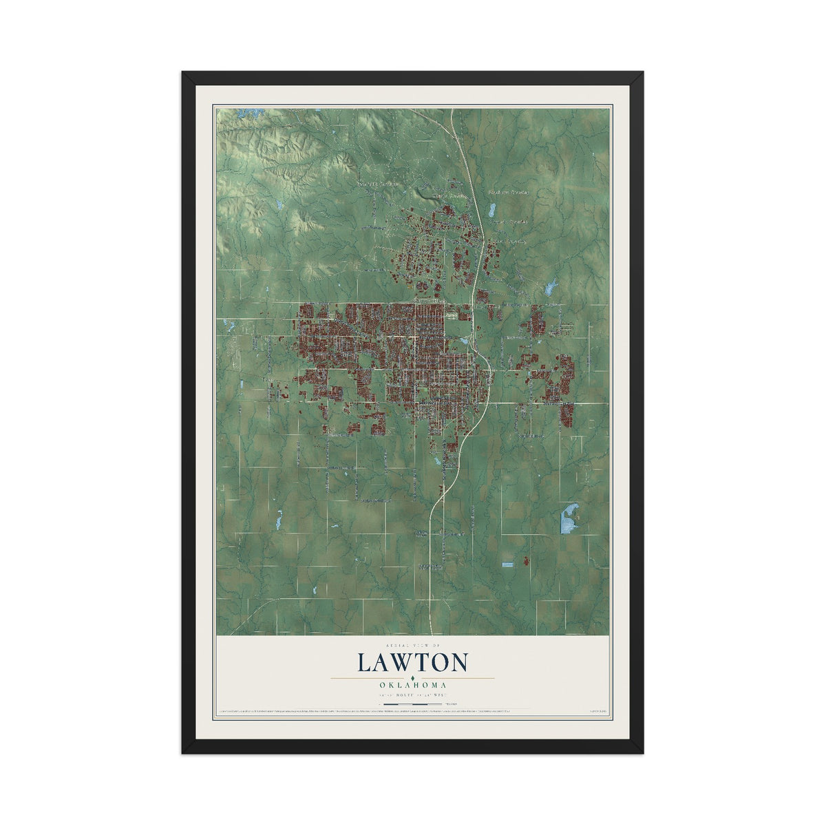 Map of Lawton, Oklahoma, 12 x 18 inch print in a black wood frame