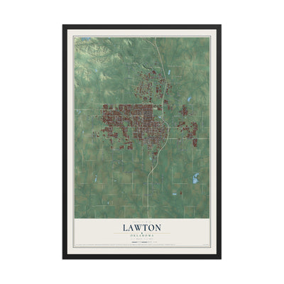 Map of Lawton, Oklahoma, 12 x 18 inch print in a black wood frame