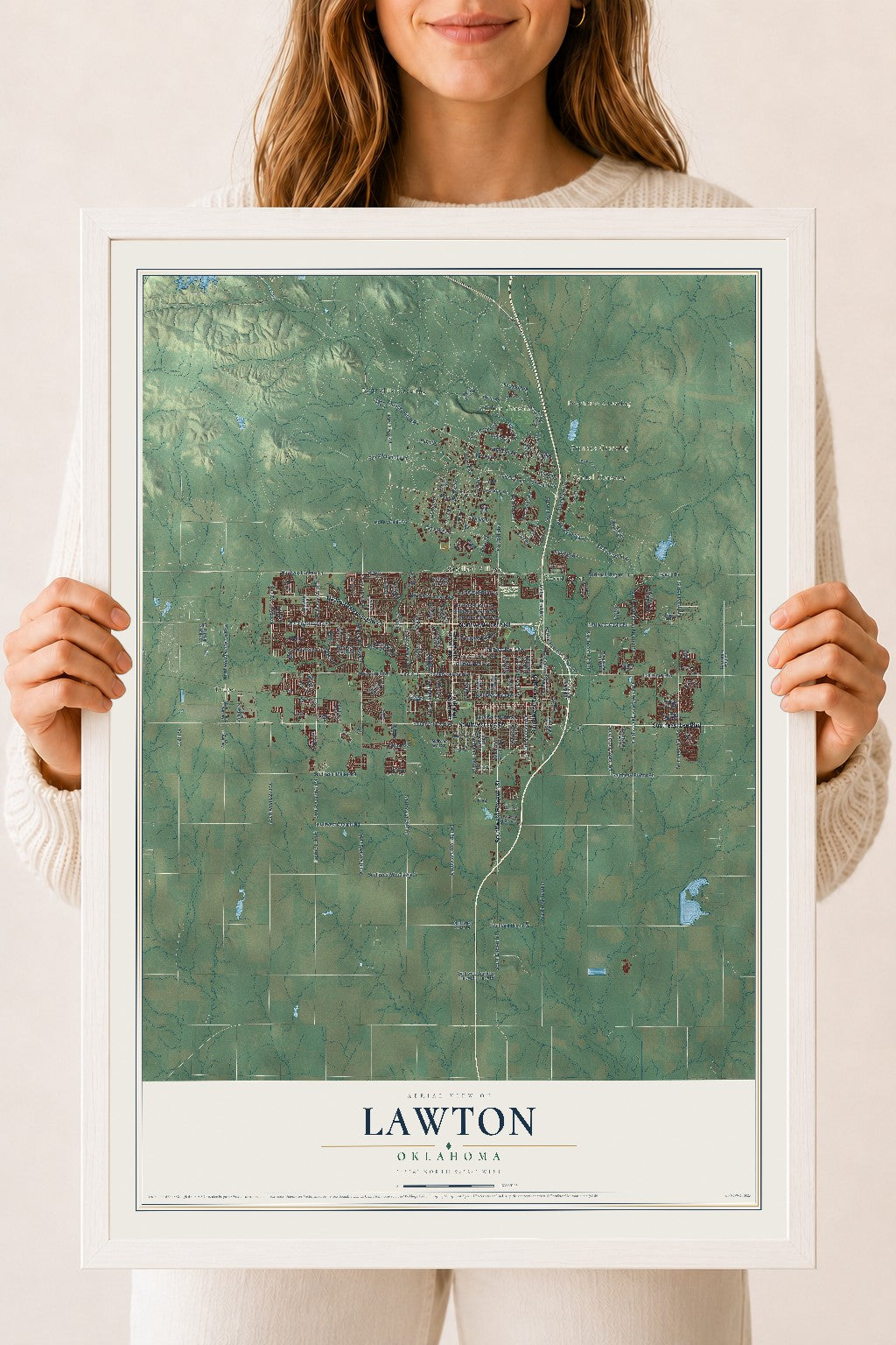Map of Lawton, Oklahoma, 18 x 24 inch print in a white wood frame