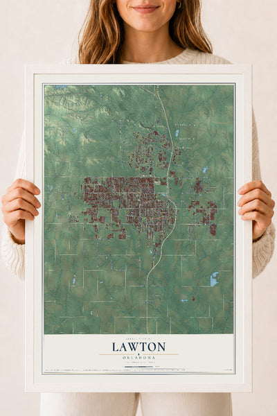 Map of Lawton, Oklahoma, 18 x 24 inch print in a white wood frame