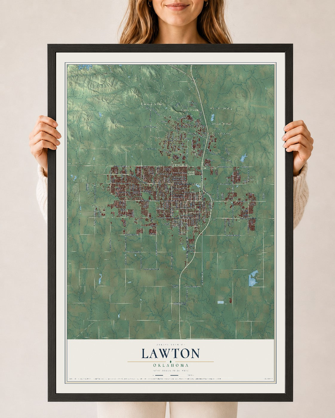 Map of Lawton, Oklahoma, 24 x 36 inch print in a black wood frame