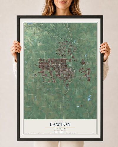Map of Lawton, Oklahoma, 24 x 36 inch print in a black wood frame