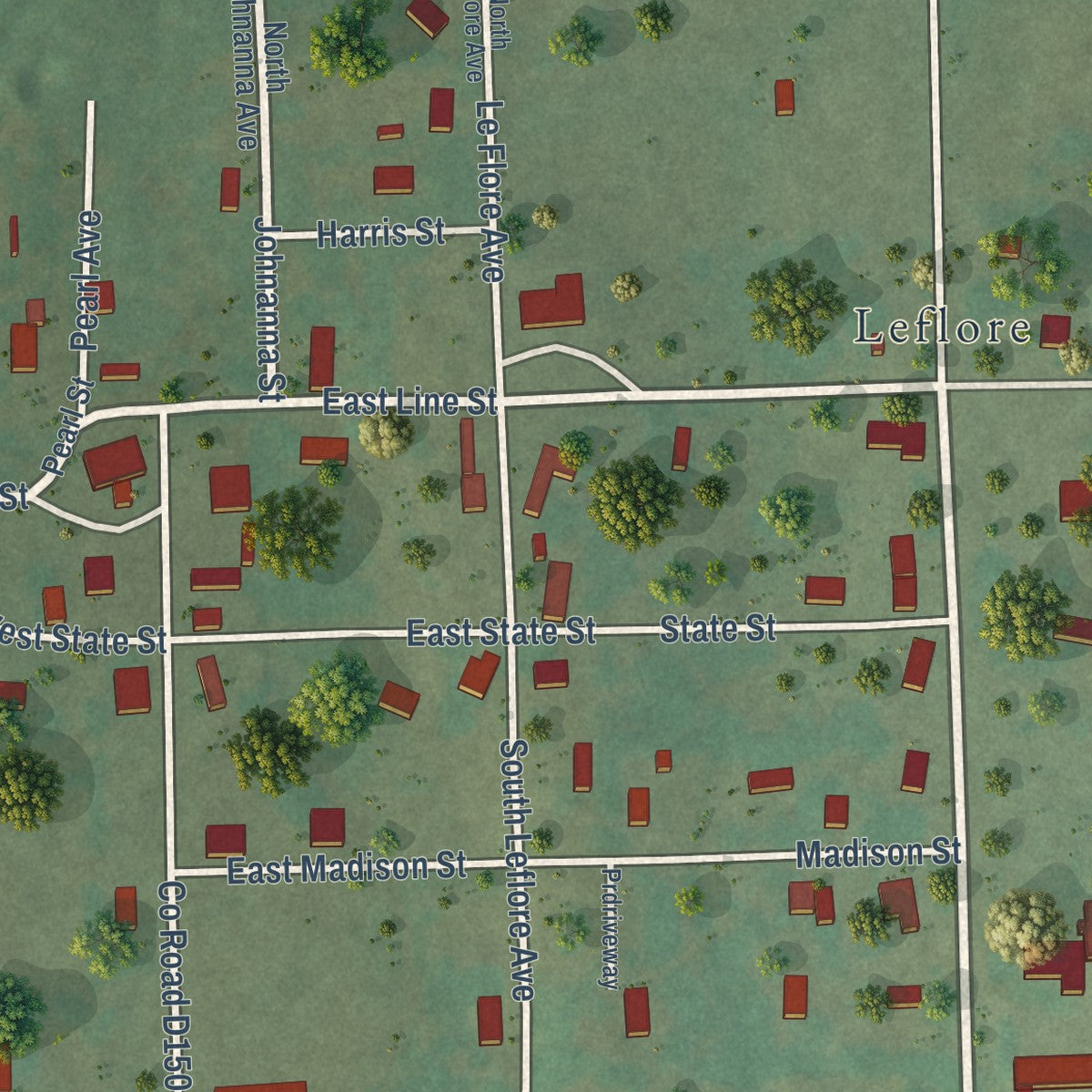 Close-up of the map of Le Flore, Oklahoma print showing street and building detail