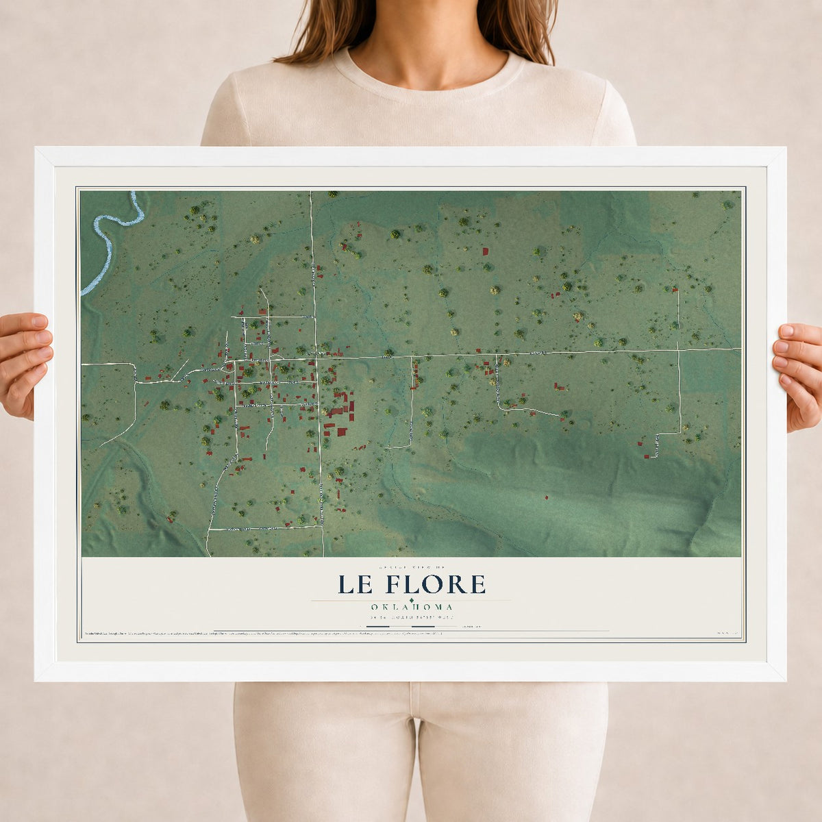 Map of Le Flore, Oklahoma, 18 x 24 inch print in a white wood frame