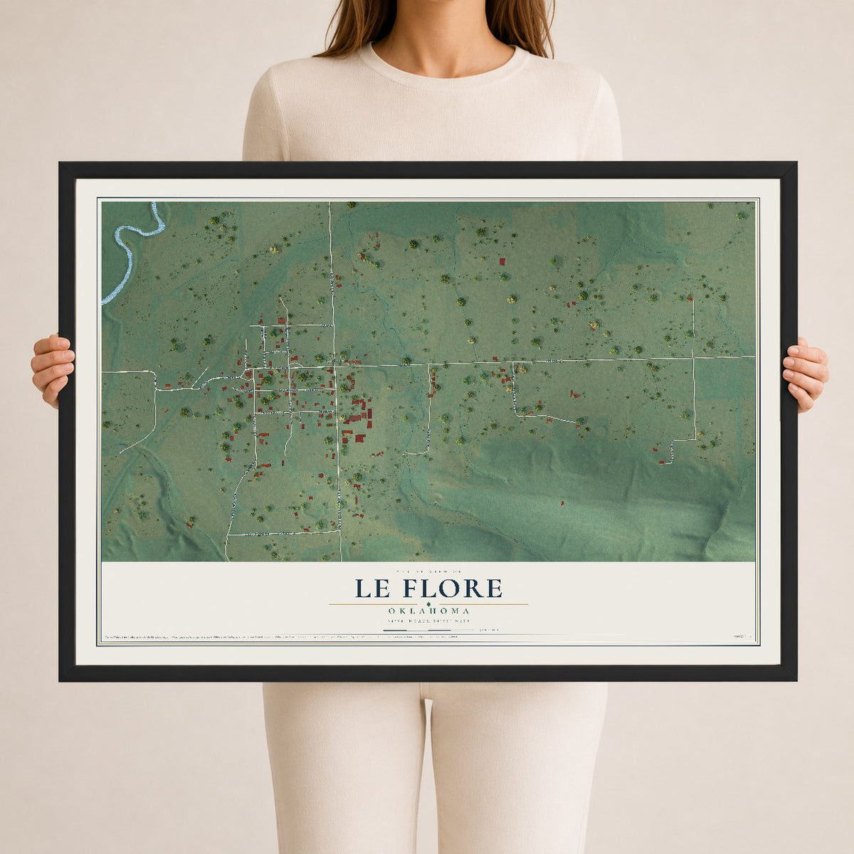 Map of Le Flore, Oklahoma, 24 x 36 inch print in a black wood frame
