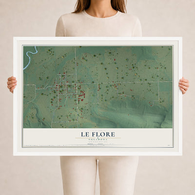 Map of Le Flore, Oklahoma, 24 x 36 inch print in a white wood frame