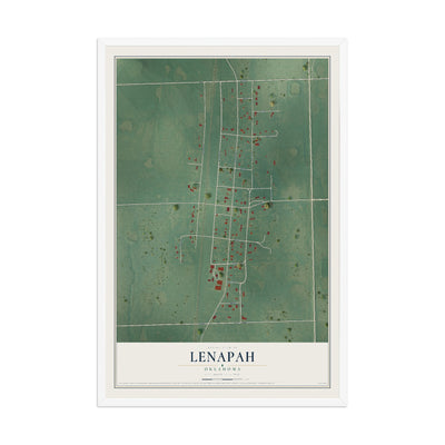 Map of Lenapah, Oklahoma, 12 x 18 inch print in a white wood frame