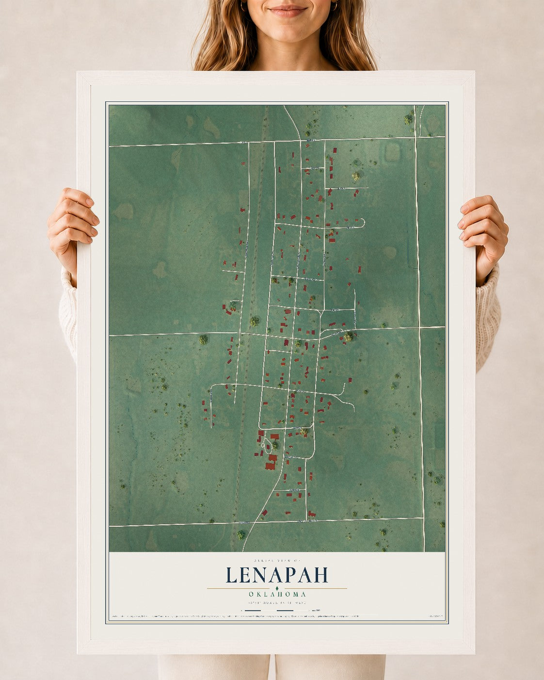 Map of Lenapah, Oklahoma, 24 x 36 inch print in a white wood frame