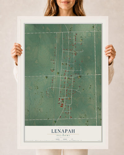 Map of Lenapah, Oklahoma, 24 x 36 inch print in a white wood frame