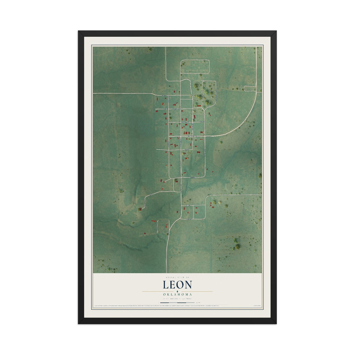 Map of Leon, Oklahoma, 12 x 18 inch print in a black wood frame
