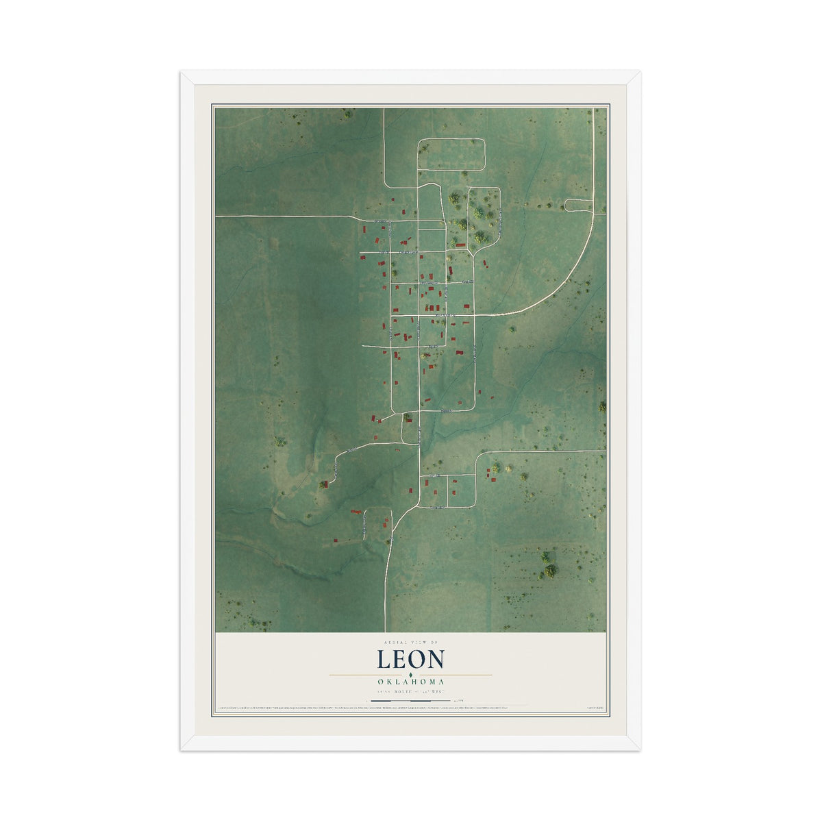 Map of Leon, Oklahoma, 12 x 18 inch print in a white wood frame