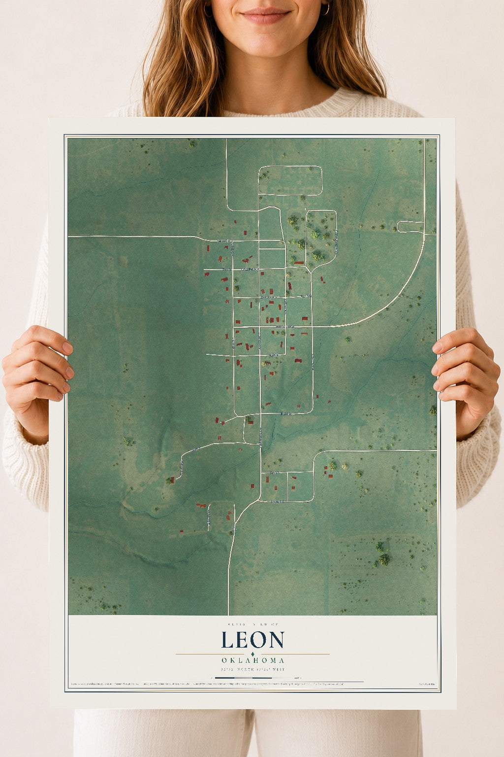 Map of Leon, Oklahoma, 18 x 24 inch unframed archival matte print