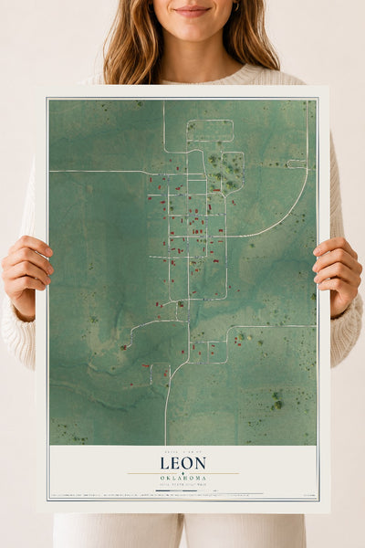 Map of Leon, Oklahoma, 18 x 24 inch unframed archival matte print