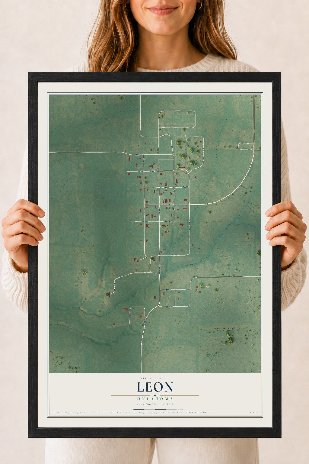 Map of Leon, Oklahoma, 18 x 24 inch print in a black wood frame