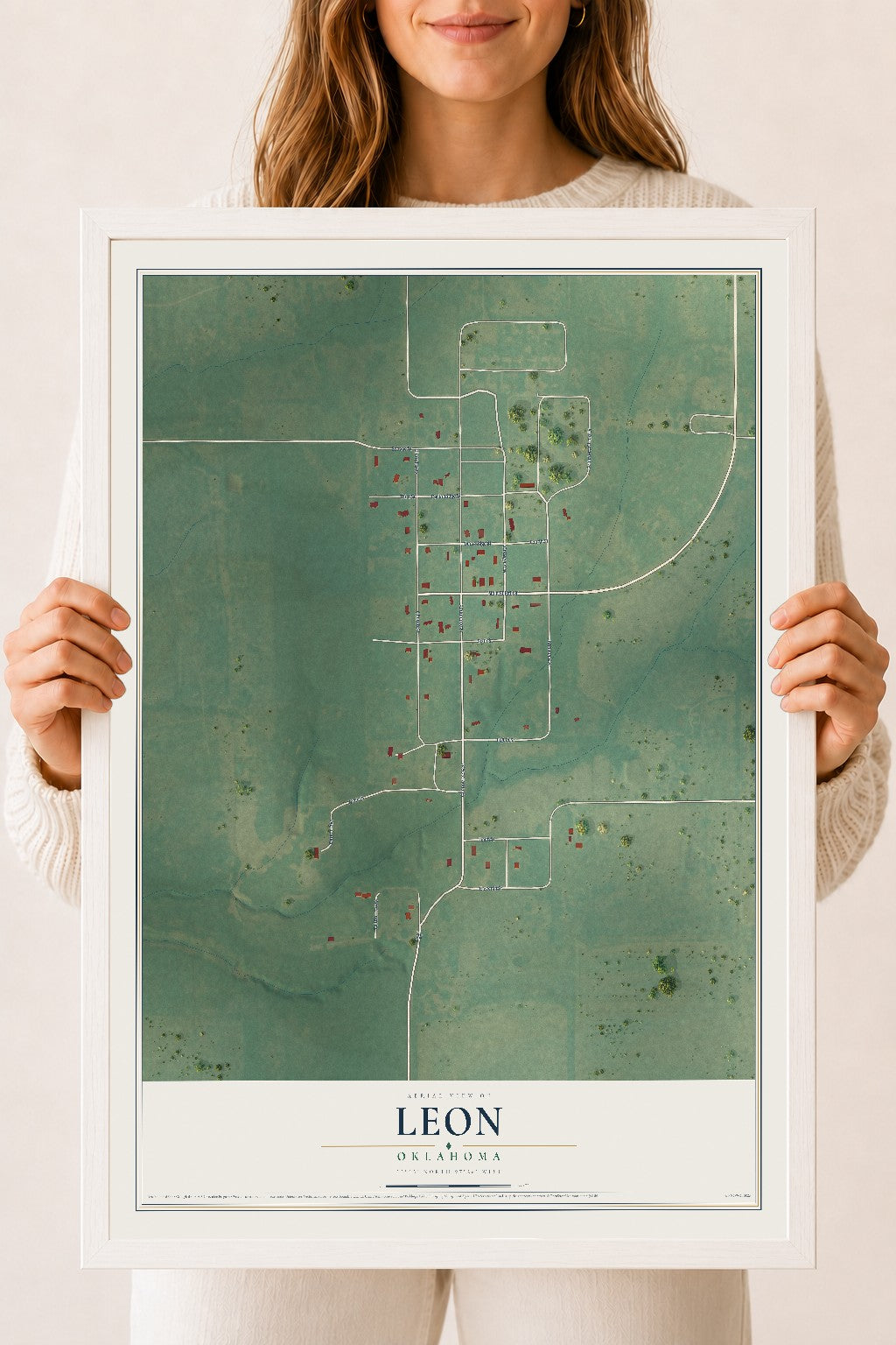 Map of Leon, Oklahoma, 18 x 24 inch print in a white wood frame