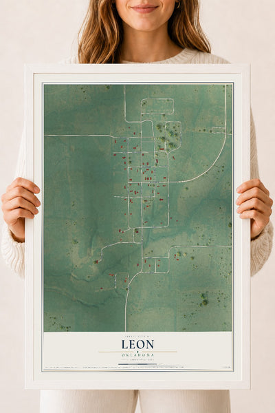 Map of Leon, Oklahoma, 18 x 24 inch print in a white wood frame