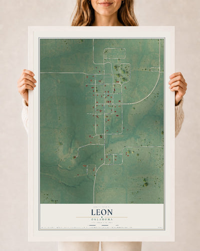 Map of Leon, Oklahoma, 24 x 36 inch print in a white wood frame