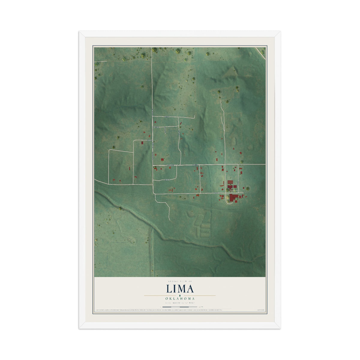 Map of Lima, Oklahoma, 12 x 18 inch print in a white wood frame