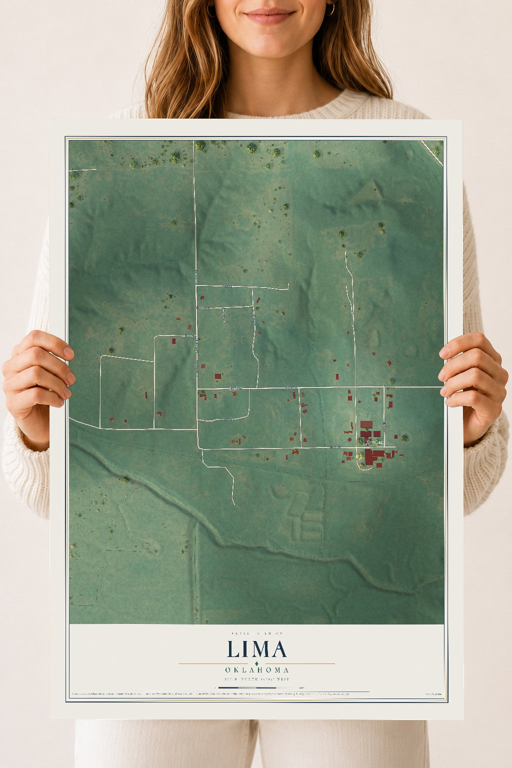 Map of Lima, Oklahoma, 18 x 24 inch unframed archival matte print