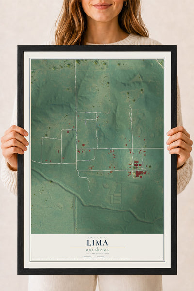 Map of Lima, Oklahoma, 18 x 24 inch print in a black wood frame