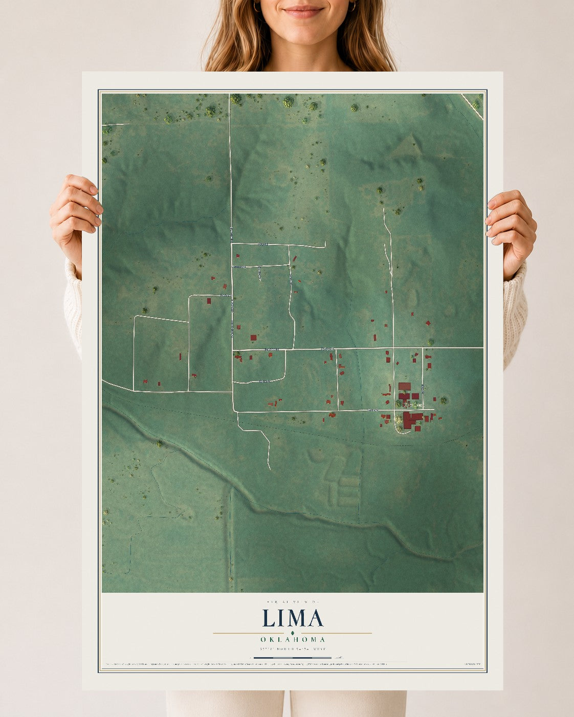 Map of Lima, Oklahoma, 24 x 36 inch unframed archival matte print