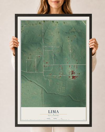 Map of Lima, Oklahoma, 24 x 36 inch print in a black wood frame