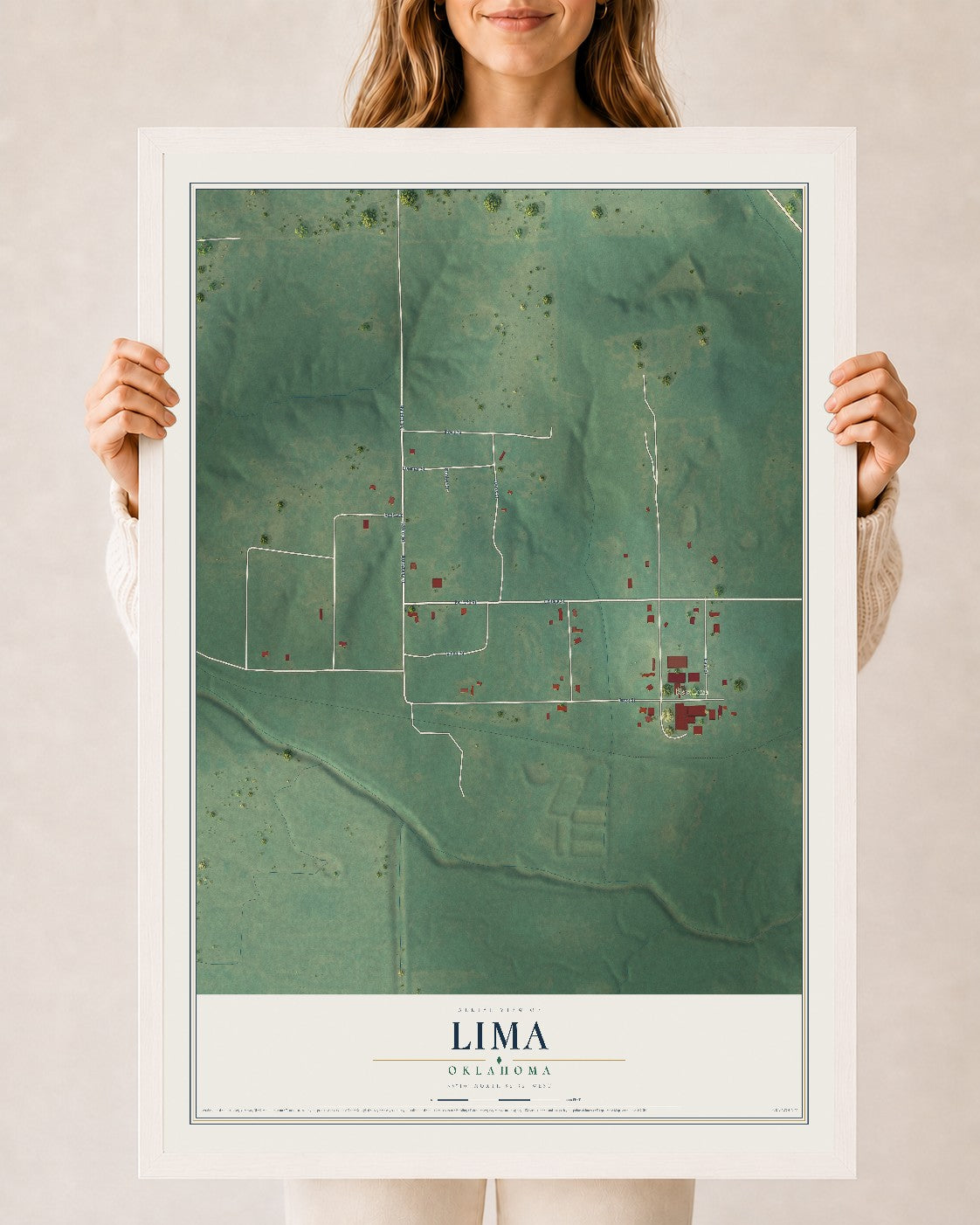 Map of Lima, Oklahoma, 24 x 36 inch print in a white wood frame
