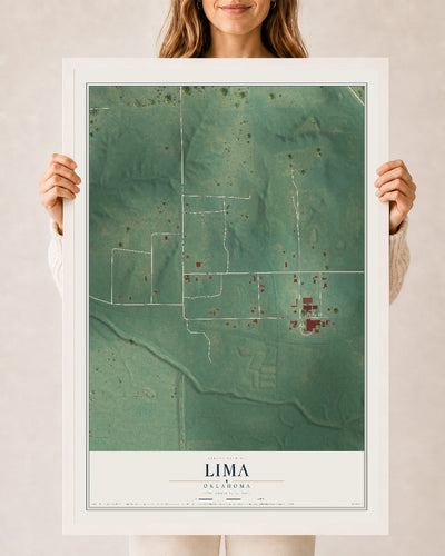 Map of Lima, Oklahoma, 24 x 36 inch print in a white wood frame