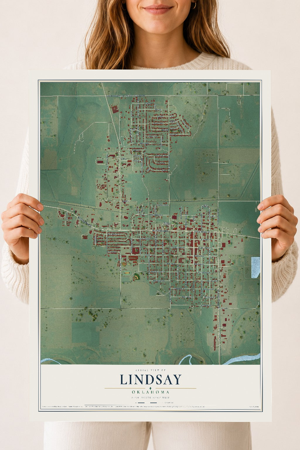 Map of Lindsay, Oklahoma, 18 x 24 inch unframed archival matte print