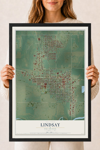 Map of Lindsay, Oklahoma, 18 x 24 inch print in a black wood frame