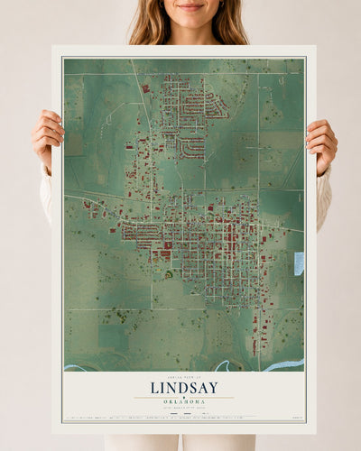 Map of Lindsay, Oklahoma, 24 x 36 inch unframed archival matte print