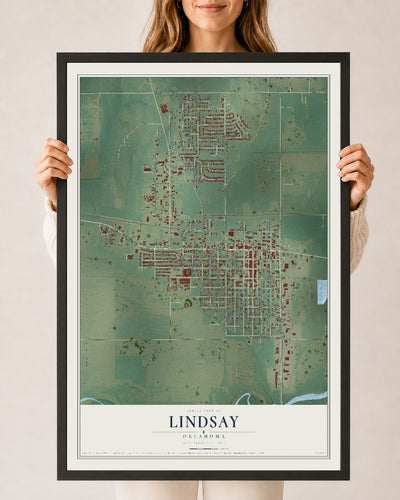 Map of Lindsay, Oklahoma, 24 x 36 inch print in a black wood frame