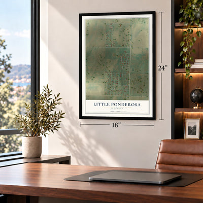 Little Ponderosa, Oklahoma map, 18 x 24 inch print in a black frame in a home office