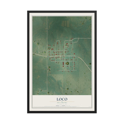 Map of Loco, Oklahoma, 12 x 18 inch print in a black wood frame