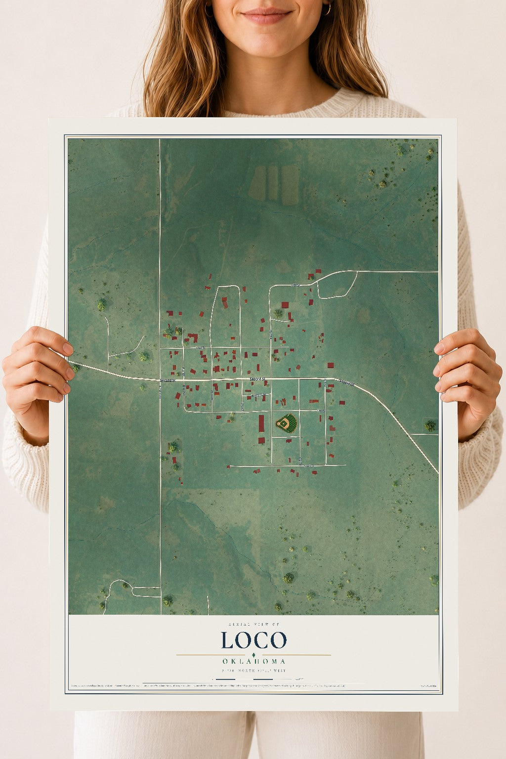 Map of Loco, Oklahoma, 18 x 24 inch unframed archival matte print