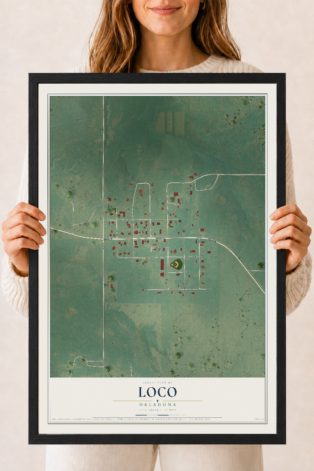 Map of Loco, Oklahoma, 18 x 24 inch print in a black wood frame