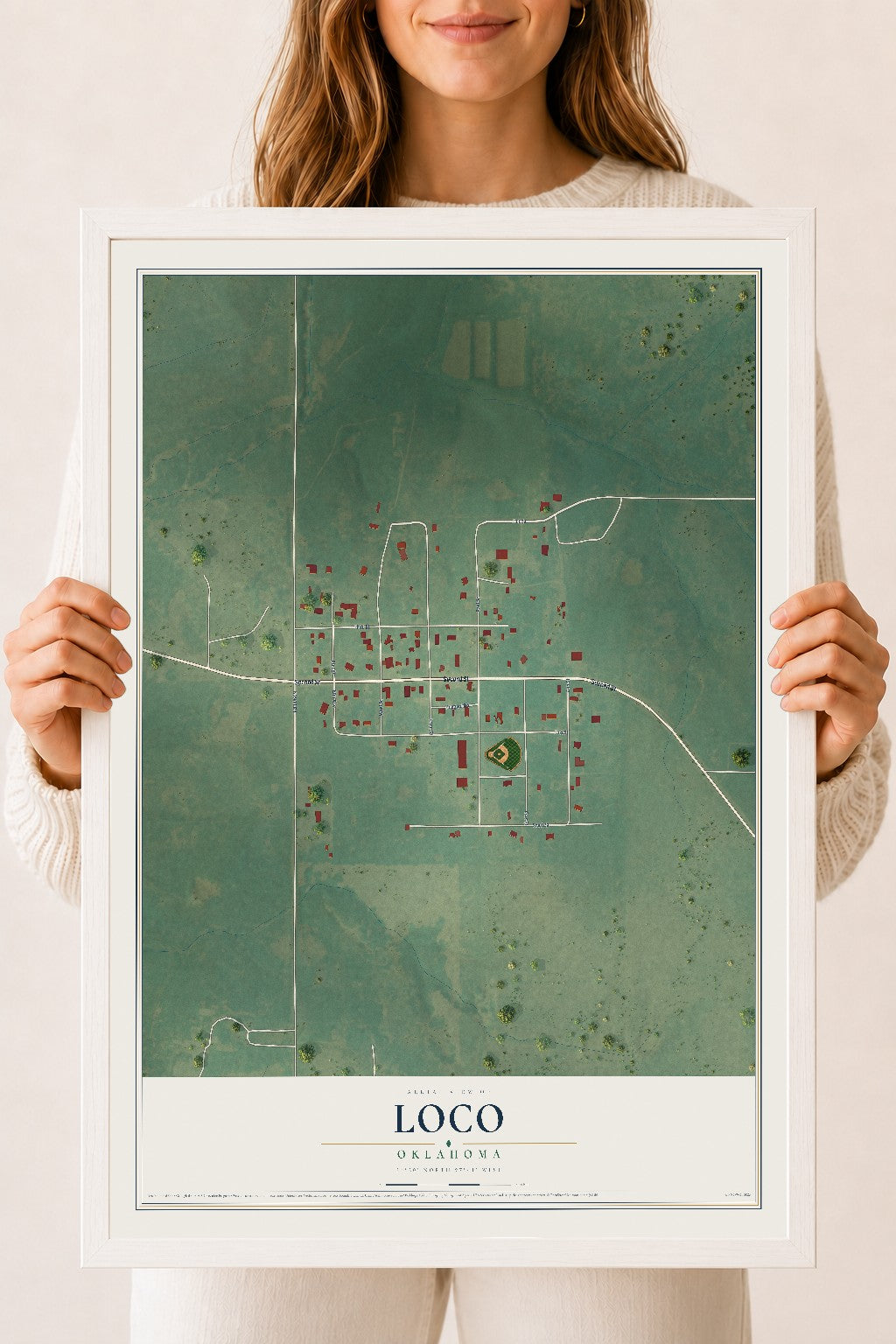 Map of Loco, Oklahoma, 18 x 24 inch print in a white wood frame