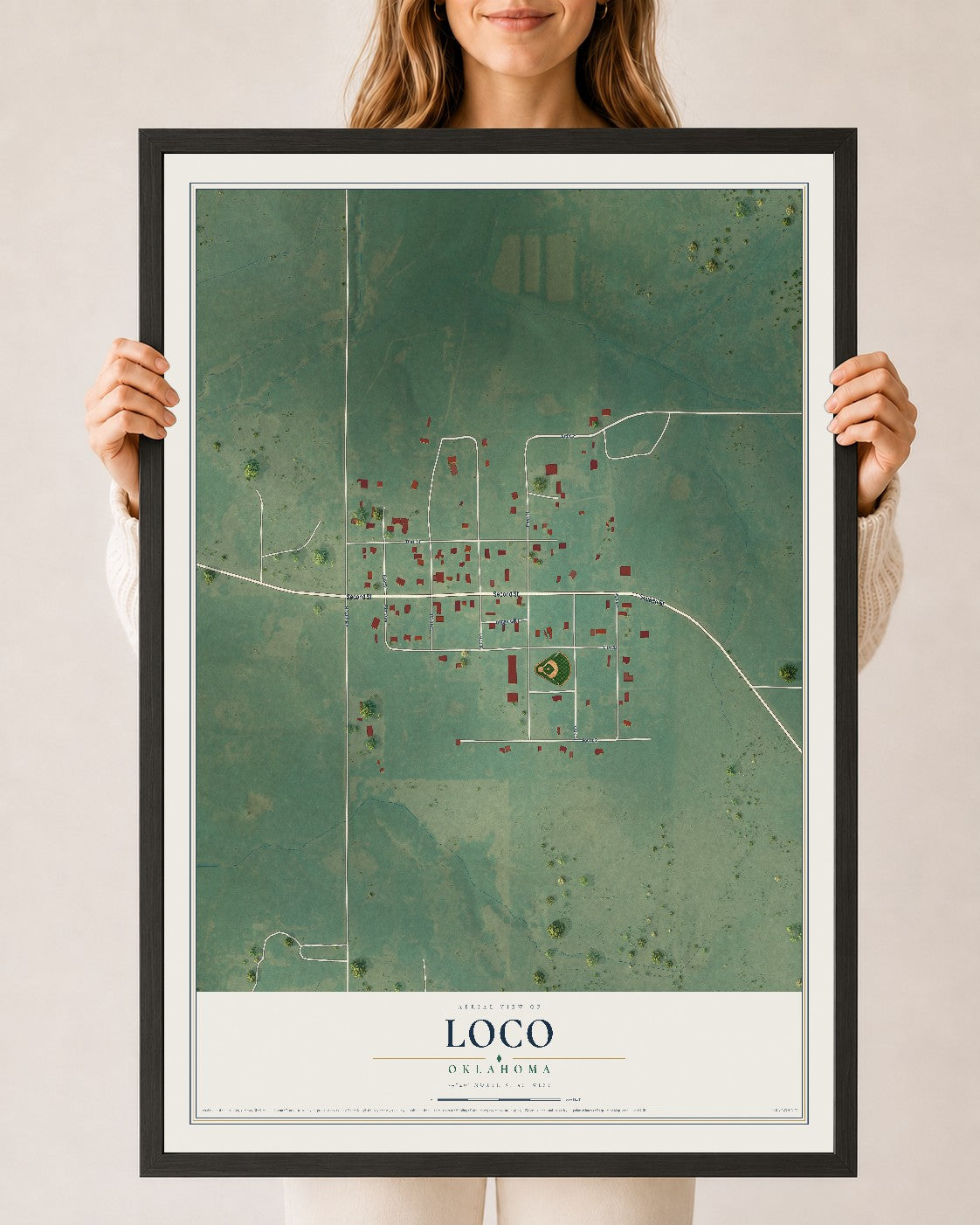 Map of Loco, Oklahoma, 24 x 36 inch print in a black wood frame