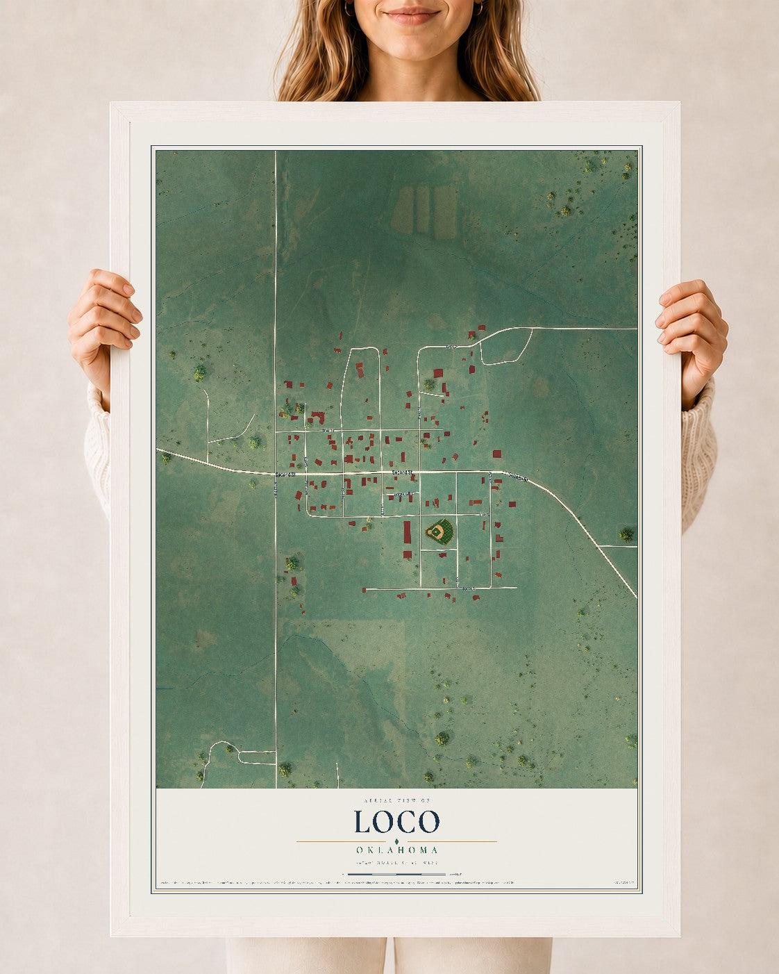 Map of Loco, Oklahoma, 24 x 36 inch print in a white wood frame