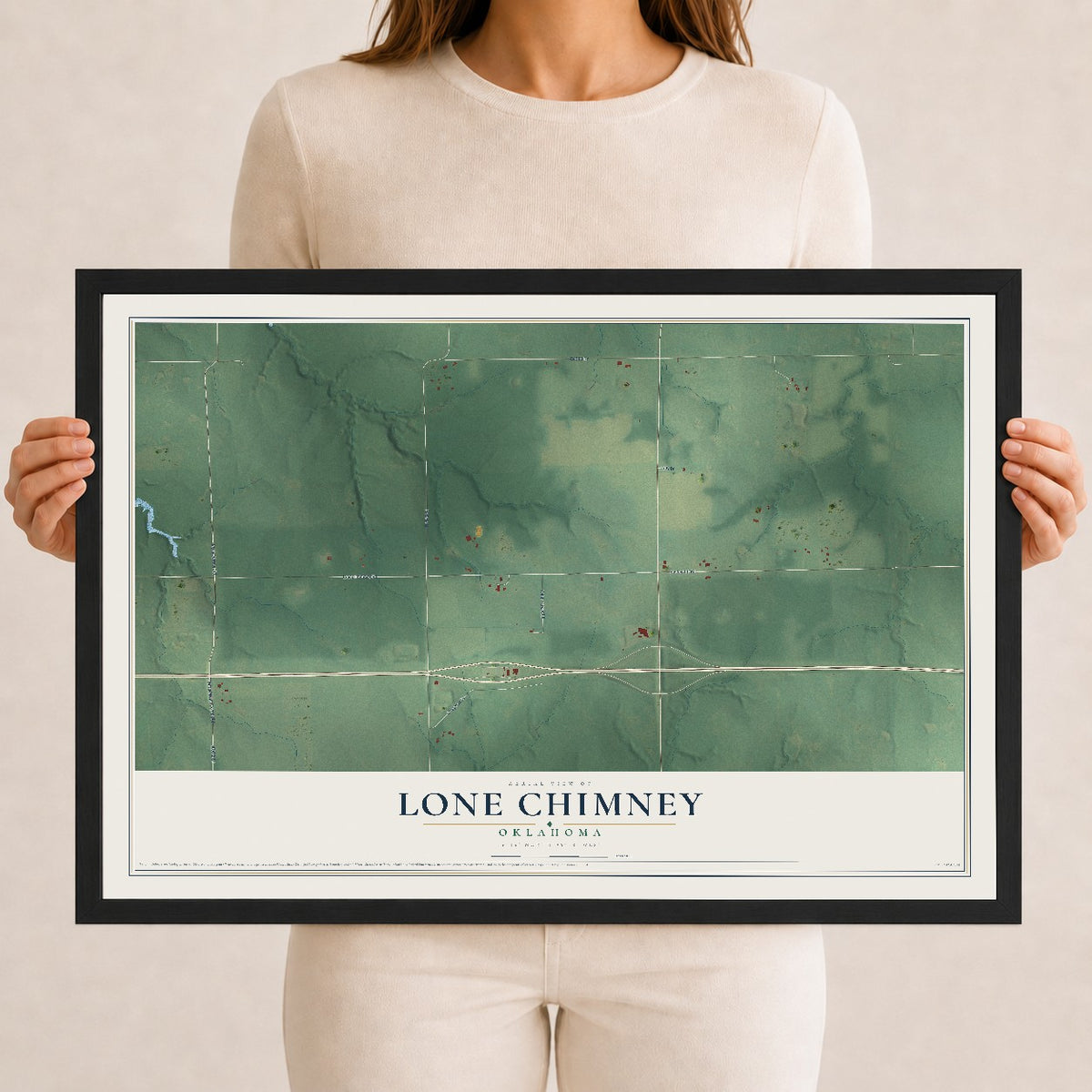 Map of Lone Chimney, Oklahoma, 12 x 18 inch print in a black wood frame
