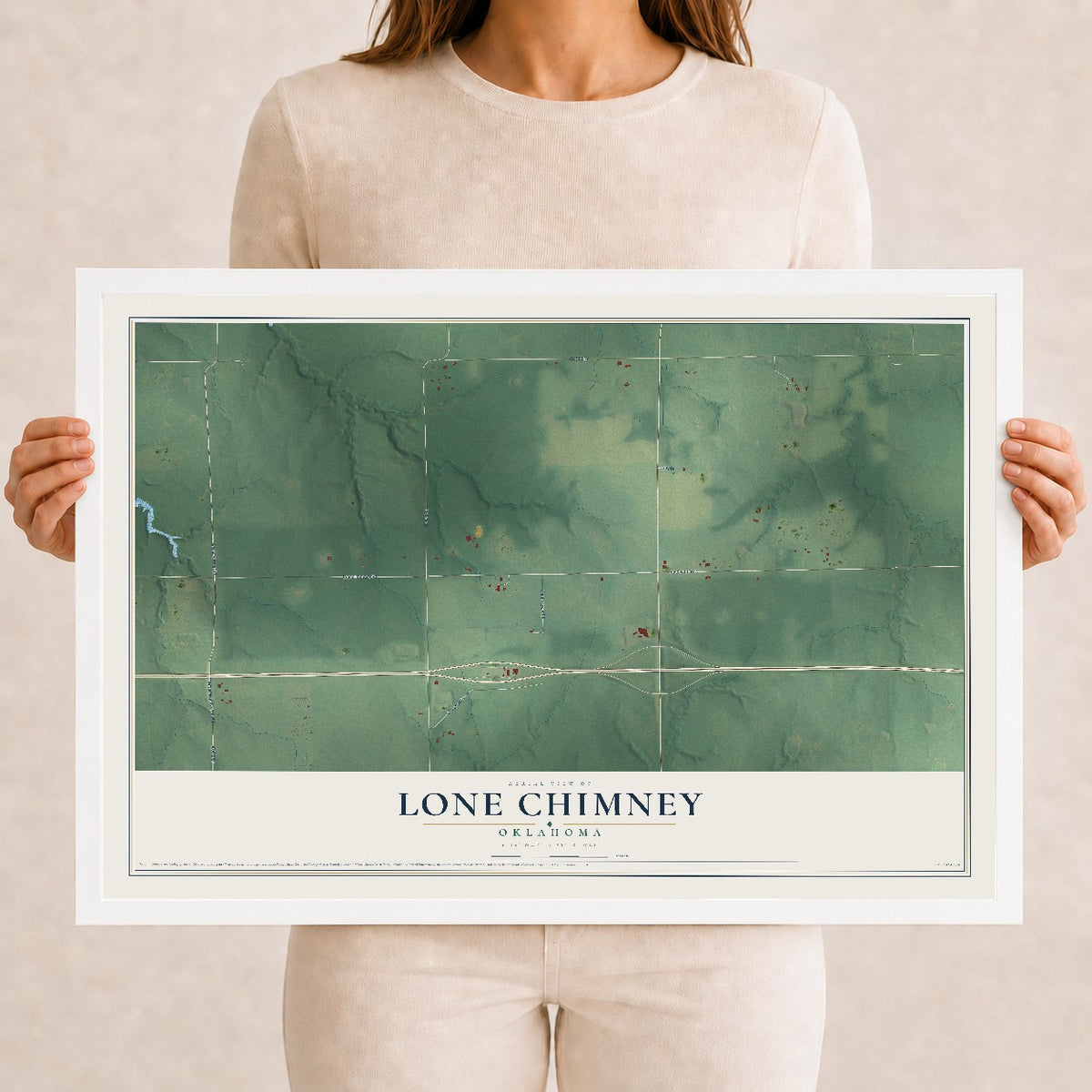 Map of Lone Chimney, Oklahoma, 12 x 18 inch print in a white wood frame