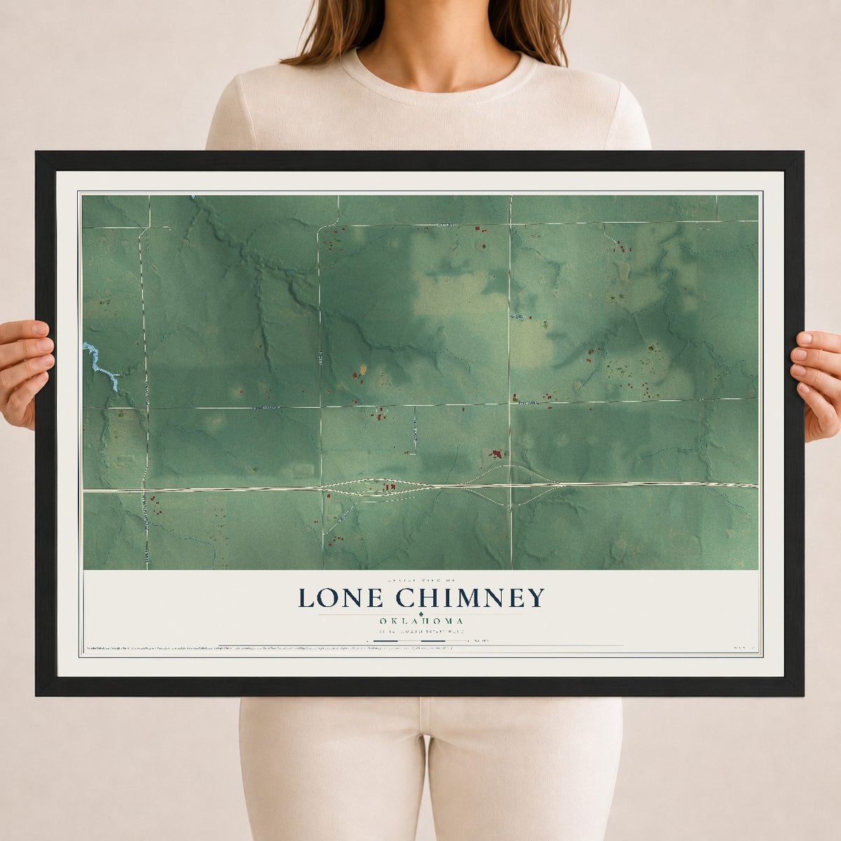 Map of Lone Chimney, Oklahoma, 18 x 24 inch print in a black wood frame