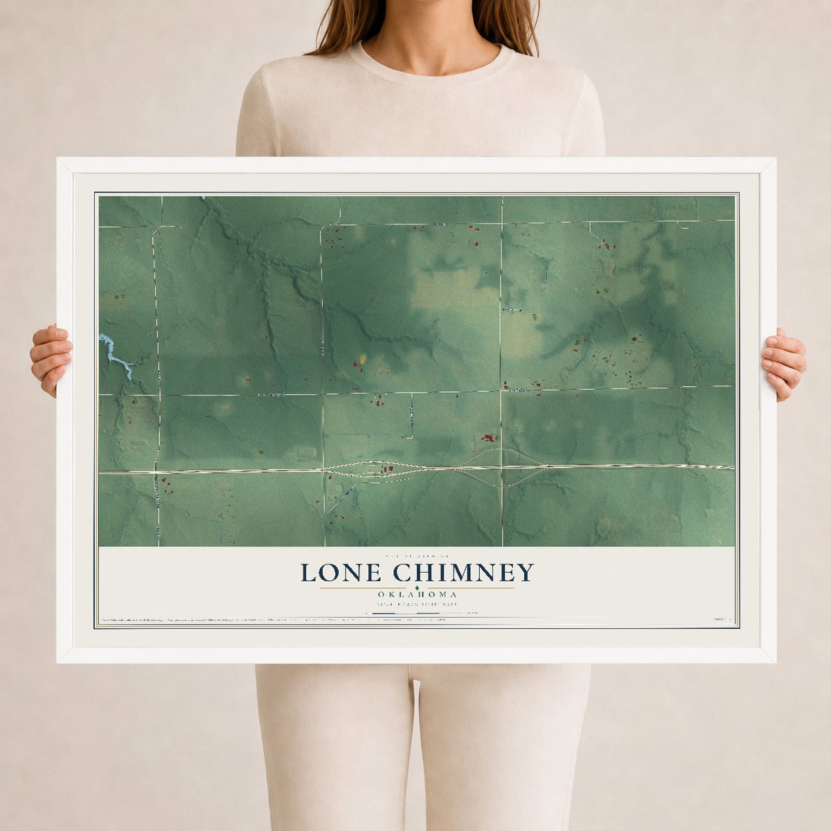 Map of Lone Chimney, Oklahoma, 24 x 36 inch print in a white wood frame