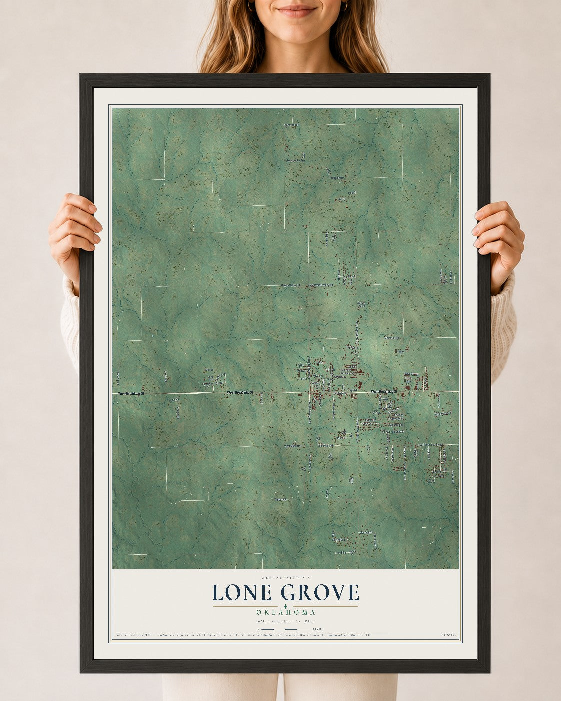 Map of Lone Grove, Oklahoma, 24 x 36 inch print in a black wood frame