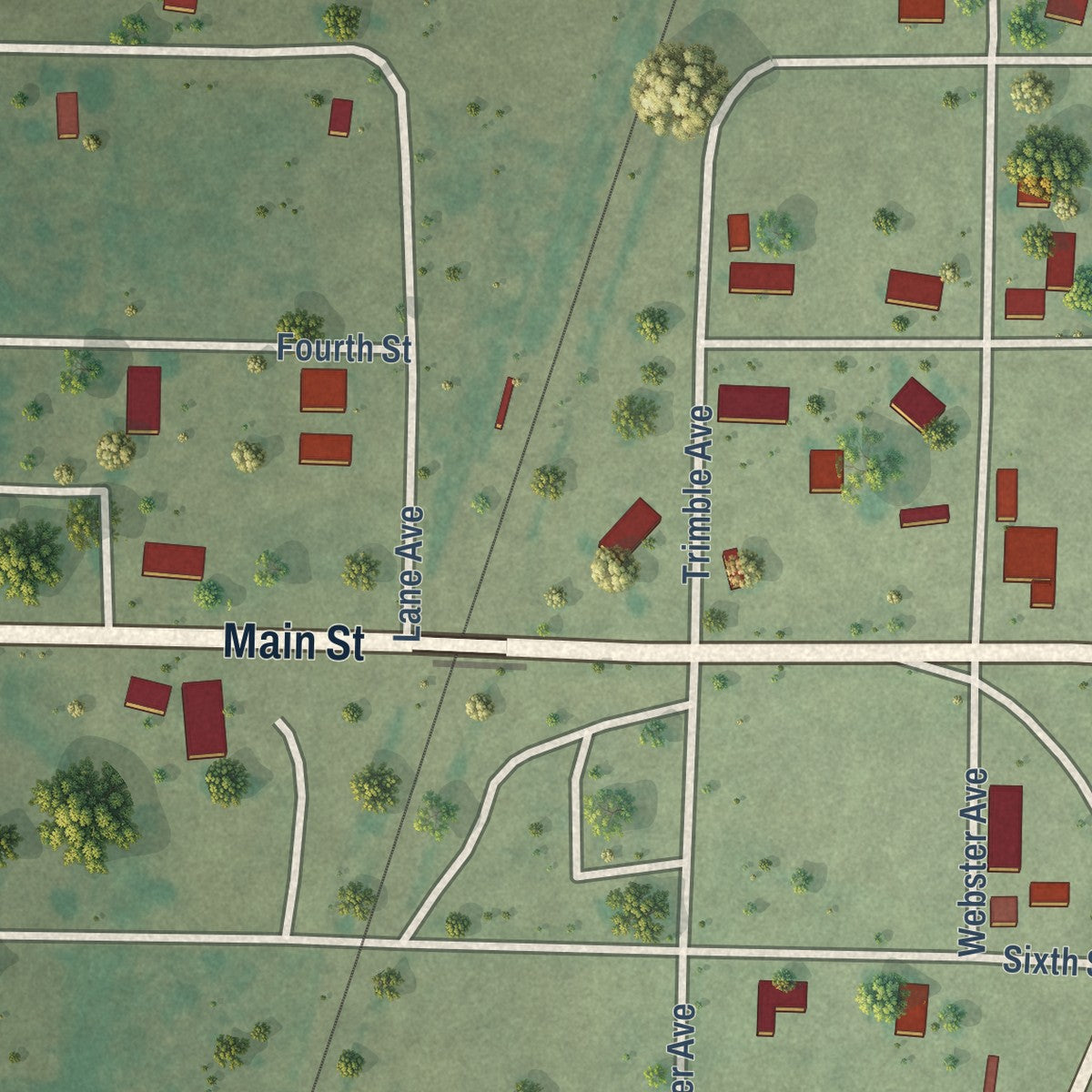 Second close-up of the map of Lone Wolf, Oklahoma print showing more streets and buildings