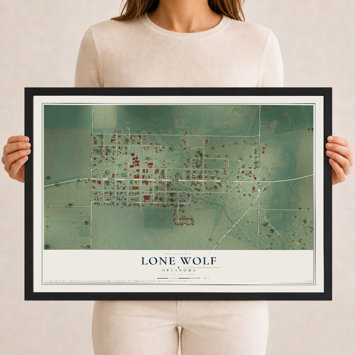 Map of Lone Wolf, Oklahoma, 12 x 18 inch print in a black wood frame